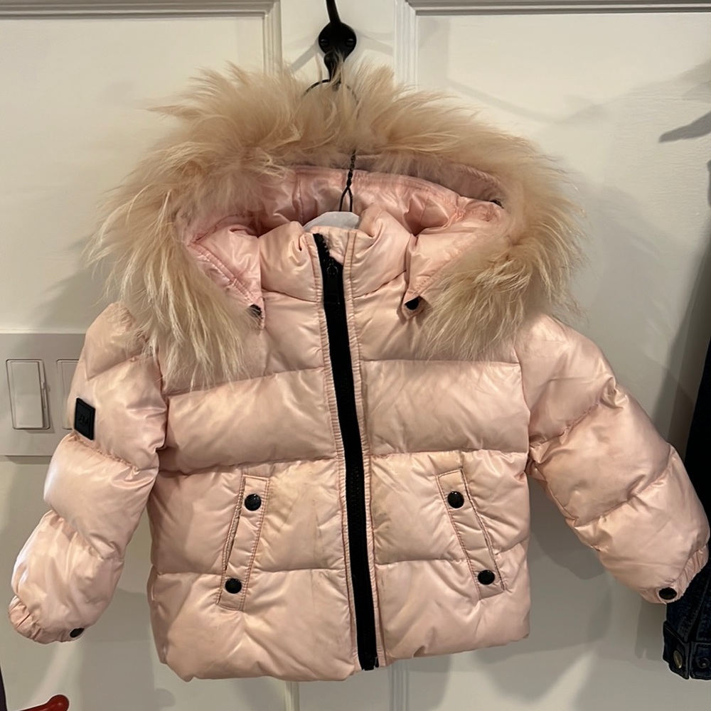 SAM. New York baby winter jacket in pink with real fur trimmed hood